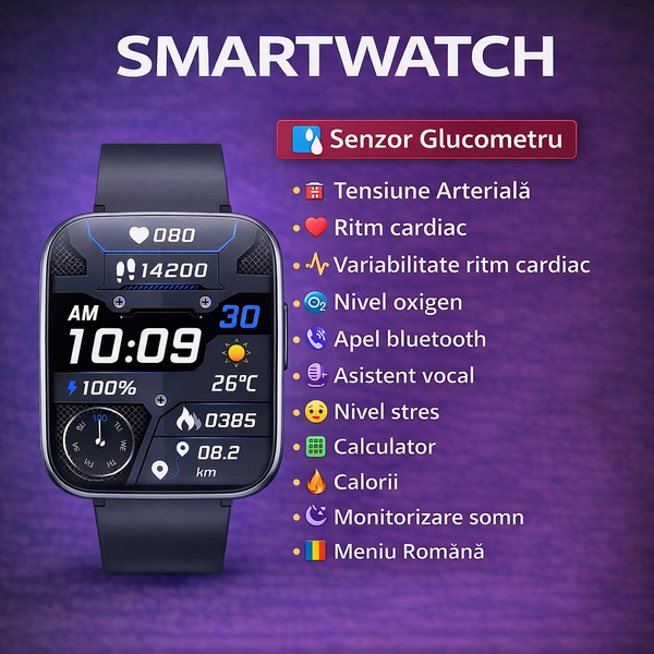 SmartWatch cu Senzor Glucometru, Tensiune Arteriala, Ritm Cardiac, Nivel Oxigen, Apel Bluetooth, HRV, Calendar, Meniu RO S869