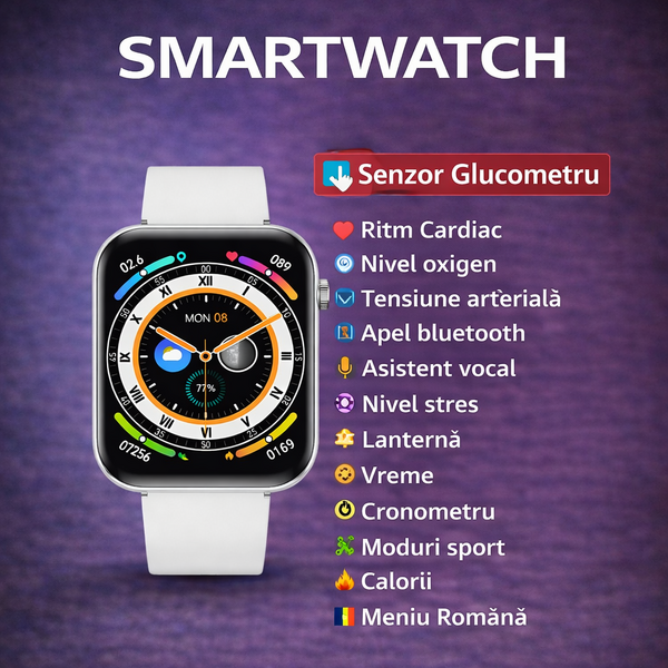SmartWatch cu Senzor Glucometru, HRV, Ritm Cardiac, Nivel Oxigen, Tensiune Arteriala, Apel Bluetooth, Meniu RO S870
