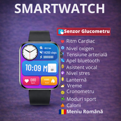 SmartWatch cu Senzor Glucometru, HRV, Ritm Cardiac, Nivel Oxigen, Tensiune Arteriala, Apel Bluetooth, Meniu RO S871