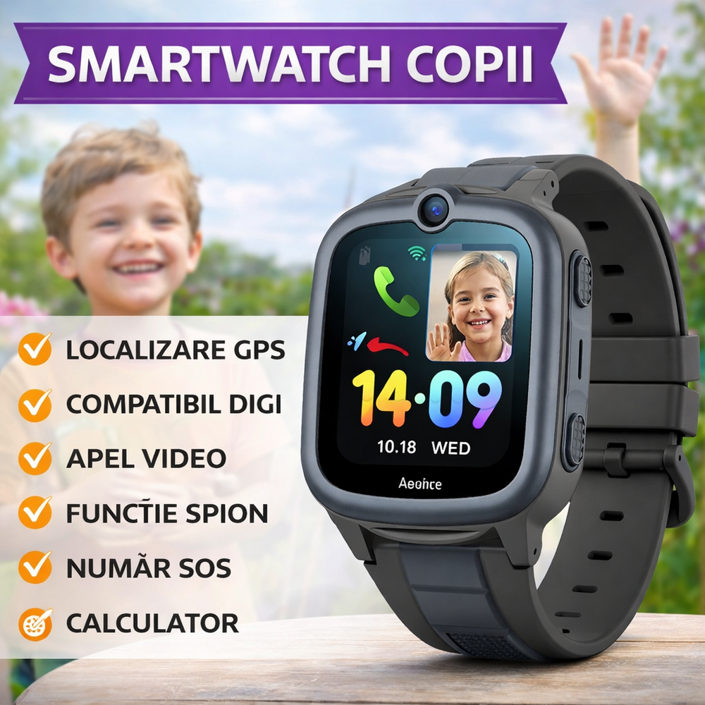 SMARTECH SmartWatch pentru copii cu Functie Telefon (SIM), 4G - Compatibil DIGI, GPS, SOS, Apel Video, Functie Spion, Calculator, S872