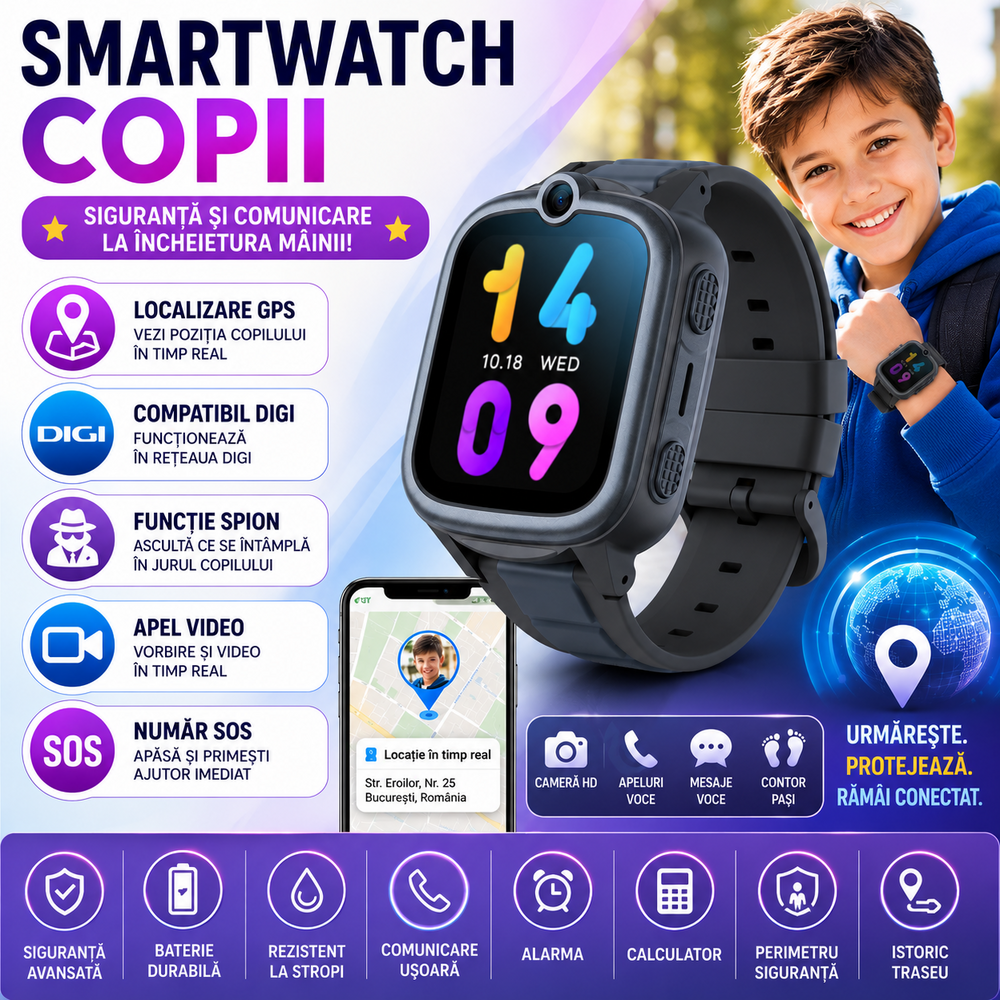 SMARTECH SmartWatch pentru copii cu Functie Telefon (SIM), 4G - Compatibil DIGI, GPS, SOS, Apel Video, Functie Spion, Calculator, S872