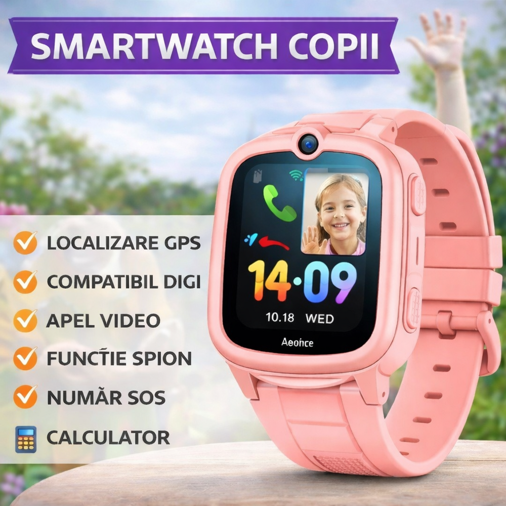 SMARTECH SmartWatch pentru copii cu Functie Telefon (SIM), 4G - Compatibil DIGI, GPS, SOS, Apel Video, Functie Spion, Calculator, S873