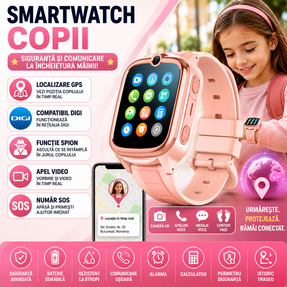 SMARTECH SmartWatch pentru copii cu Functie Telefon (SIM), 4G - Compatibil DIGI, GPS, SOS, Apel Video, Functie Spion, Calculator, S873