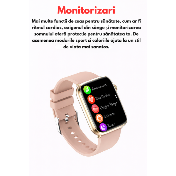 SmartWatch cu Senzor Glucometru, Apel Bluetooth, Ritm Cardiac, Nivel Oxigen, Tensiune Arteriala, Temperatura Corporala, Nivel Stres, Vreme, Calorii, Moduri Sport S864