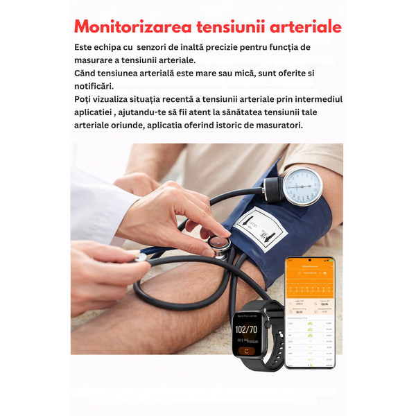 SmartWatch cu Senzor Glucometru, Apel Bluetooth, Ritm Cardiac, Nivel Oxigen, Tensiune Arteriala, Temperatura Corporala, Nivel Stres, Vreme, Calorii, Moduri Sport S864