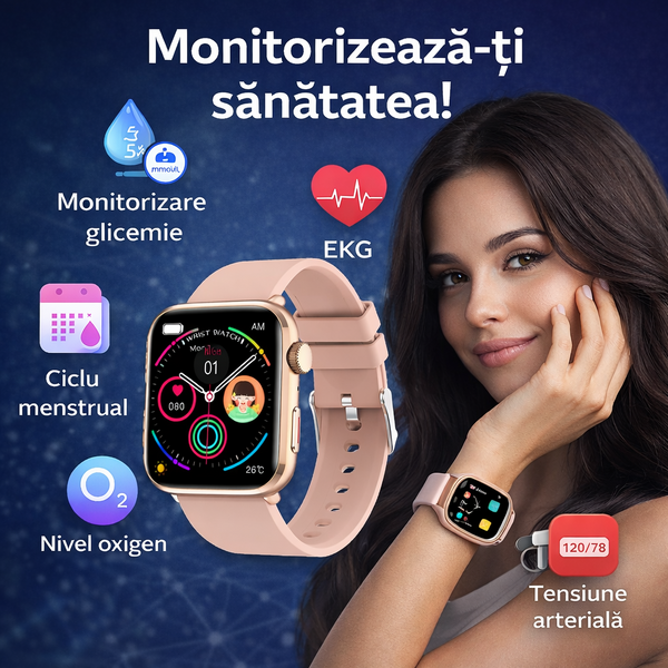 SmartWatch cu Senzor Glucometru, Apel Bluetooth, Ritm Cardiac, Nivel Oxigen, Tensiune Arteriala, Temperatura Corporala, Nivel Stres, Vreme, Calorii, Moduri Sport S864