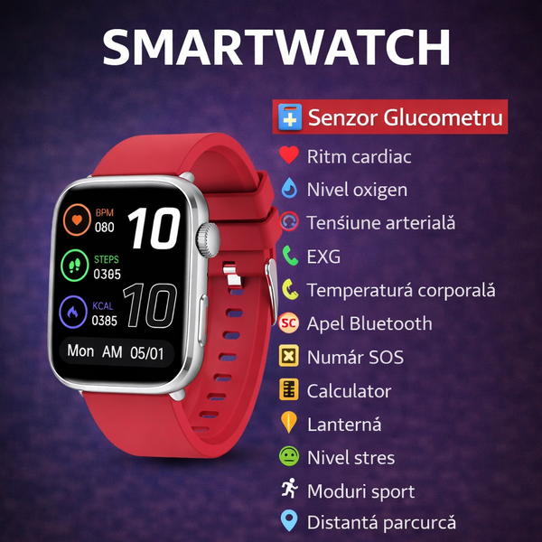 SmartWatch cu Senzor Glucometru, Apel Bluetooth, Ritm Cardiac, Nivel Oxigen, Tensiune Arteriala, Temperatura Corporala, Nivel Stres, Vreme, Calorii, Moduri Sport S865