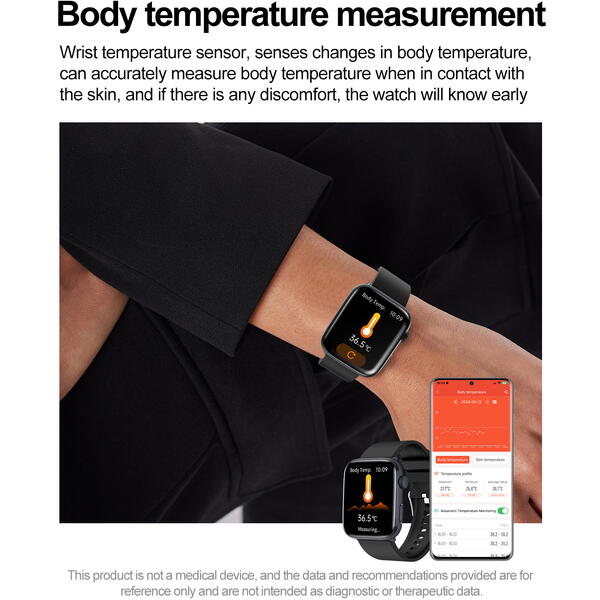 SmartWatch cu Senzor Glucometru, Apel Bluetooth, Ritm Cardiac, Nivel Oxigen, Tensiune Arteriala, Temperatura Corporala, Nivel Stres, Vreme, Calorii, Moduri Sport S866