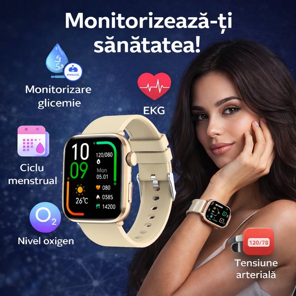 SmartWatch cu Senzor Glucometru, Apel Bluetooth, Ritm Cardiac, Nivel Oxigen, Tensiune Arteriala, Temperatura Corporala, Nivel Stres, Vreme, Calorii, Moduri Sport S867
