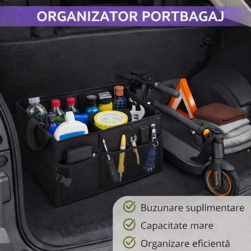 SMARTECH Organizator auto pliabil pentru portbagaj, Compartimente multiple, Pereti rigidizati, Manere de transport si buzunare suplimentare, Ideal pentru accesorii auto, cumparaturi, excursii si camping, 52 x 37 x 25.5 cm, Negru