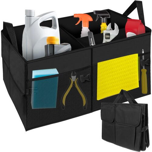 Organizator auto pliabil pentru portbagaj, Compartimente multiple, Pereti rigidizati, Manere de transport si buzunare suplimentare, Ideal pentru accesorii auto, cumparaturi, excursii si camping, 52 x 37 x 25.5 cm, Negru