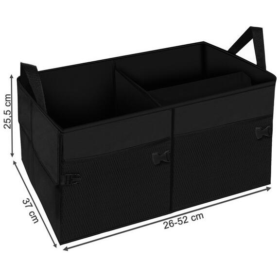Organizator auto pliabil pentru portbagaj, Compartimente multiple, Pereti rigidizati, Manere de transport si buzunare suplimentare, Ideal pentru accesorii auto, cumparaturi, excursii si camping, 52 x 37 x 25.5 cm, Negru
