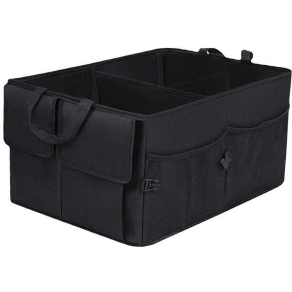 Organizator auto pliabil pentru portbagaj, Compartimente multiple, Pereti rigidizati, Manere de transport si buzunare suplimentare, Ideal pentru accesorii auto, cumparaturi, excursii si camping, 52 x 37 x 25.5 cm, Negru