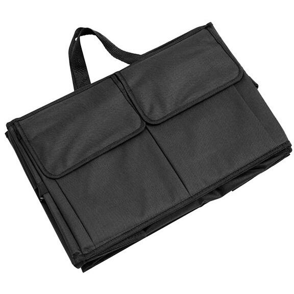 Organizator auto pliabil pentru portbagaj, Compartimente multiple, Pereti rigidizati, Manere de transport si buzunare suplimentare, Ideal pentru accesorii auto, cumparaturi, excursii si camping, 52 x 37 x 25.5 cm, Negru