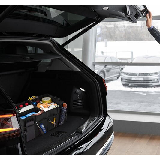 Organizator auto pliabil pentru portbagaj, Compartimente multiple, Pereti rigidizati, Manere de transport si buzunare suplimentare, Ideal pentru accesorii auto, cumparaturi, excursii si camping, 52 x 37 x 25.5 cm, Negru