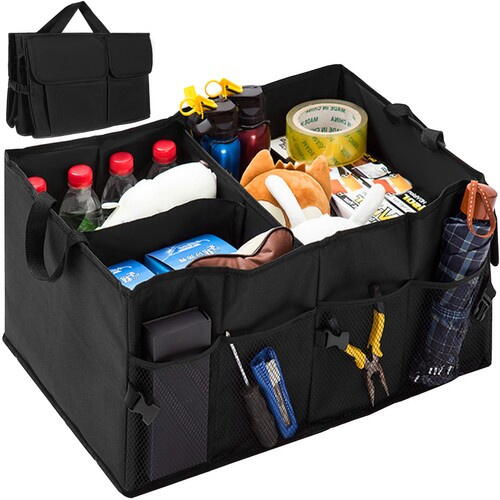 Organizator auto pliabil pentru portbagaj, Compartimente multiple, Pereti rigidizati, Manere de transport si buzunare suplimentare, Ideal pentru accesorii auto, cumparaturi, excursii si camping, 52 x 37 x 25.5 cm, Negru