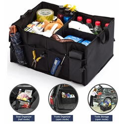 Organizator auto pliabil pentru portbagaj, Compartimente multiple, Pereti rigidizati, Manere de transport si buzunare suplimentare, Ideal pentru accesorii auto, cumparaturi, excursii si camping, 52 x 37 x 25.5 cm, Negru