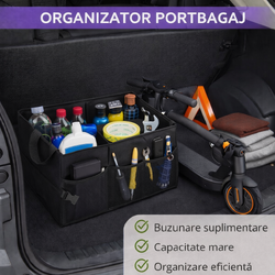 Organizator auto pliabil pentru portbagaj, Compartimente multiple, Pereti rigidizati, Manere de transport si buzunare suplimentare, Ideal pentru accesorii auto, cumparaturi, excursii si camping, 52 x 37 x 25.5 cm, Negru
