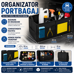 Organizator auto pliabil pentru portbagaj, Compartimente multiple, Pereti rigidizati, Manere de transport si buzunare suplimentare, Ideal pentru accesorii auto, cumparaturi, excursii si camping, 52 x 37 x 25.5 cm, Negru