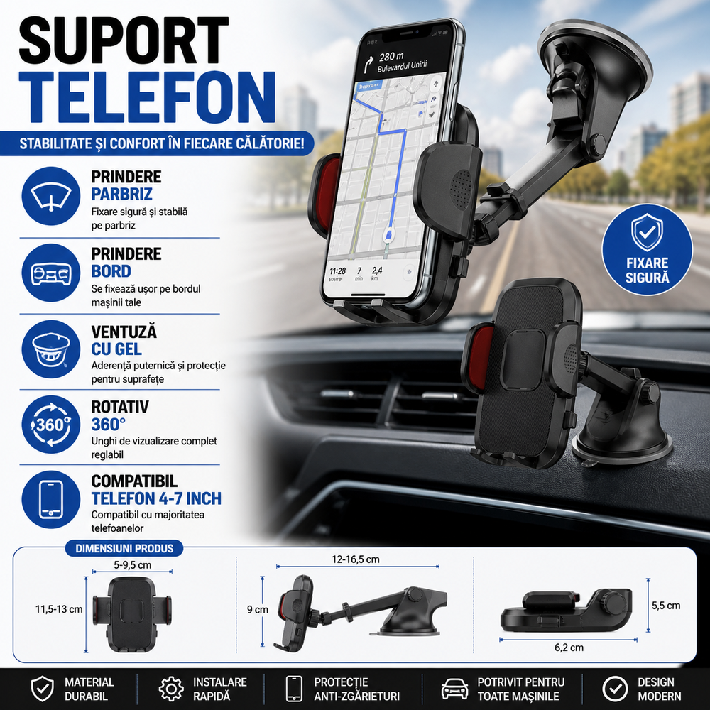 SMARTECH Suport auto pentru telefon, Reglabil, Rotire 360 °, Compatibil cu smartphone-uri de la 4 la 7 inchi, Prindere cu ventuza