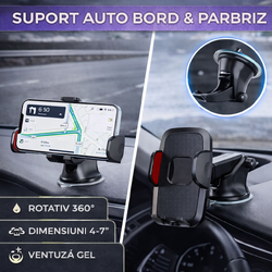 Suport auto pentru telefon, Reglabil, Rotire 360 °, Compatibil cu smartphone-uri de la 4 la 7 inchi, Prindere cu ventuza
