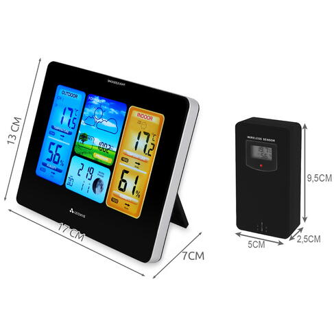 Set Statie meteo fara fir si Transmitator exterior, Ecran mare LCD color, Prognoza meteo, Presiune atmosferica, Temperatura si umiditate interior si exterior, Calendar perpetuu, Ceas electronic cu alarma, Alimentare la retea si baterii