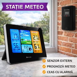 Set Statie meteo fara fir si Transmitator exterior, Ecran mare LCD color, Prognoza meteo, Presiune atmosferica, Temperatura si umiditate interior si exterior, Calendar perpetuu, Ceas electronic cu alarma, Alimentare la retea si baterii