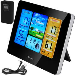 Set Statie meteo fara fir si Transmitator exterior, Ecran mare LCD color, Prognoza meteo, Presiune atmosferica, Temperatura si umiditate interior si exterior, Calendar perpetuu, Ceas electronic cu alarma, Alimentare la retea si baterii