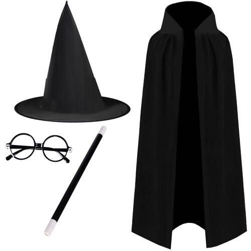 Costum De Halloween Pentru Copii, Magician - tip Harry Potter, 4 piese, Pelerina, Bagheta, Palarie si Ochelari