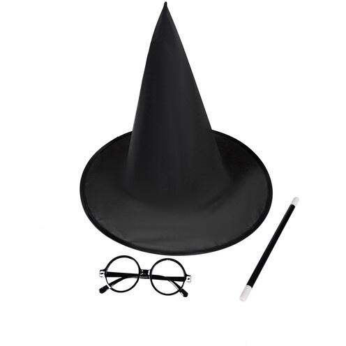 Costum De Halloween Pentru Copii, Magician - tip Harry Potter, 4 piese, Pelerina, Bagheta, Palarie si Ochelari