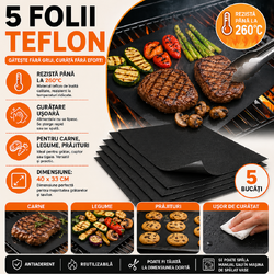 Folie teflon gratar, Set 5 Buc, BBQ Grill Party, 40x33cm, Antiaderenta, Reutilizabila, Negru, rezistenta la temperaturi de pana la 260°C