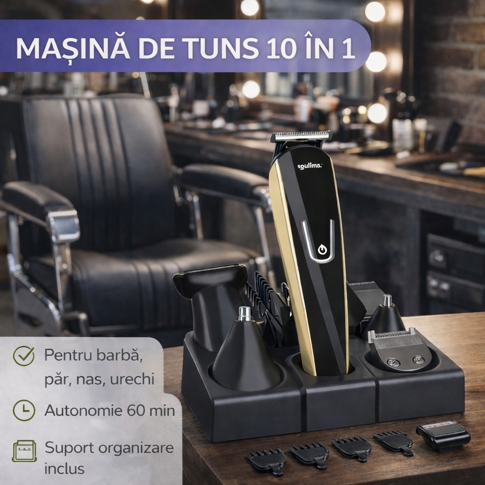 SMARTECH Masina de Tuns Barba si Parul 10 in 1, Autonomie 60 min, Nas, Urechi, Suport, Acumulator