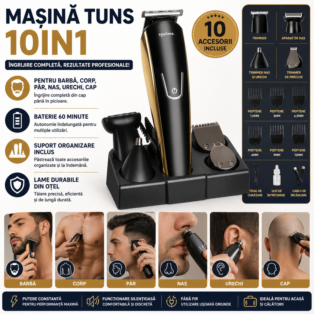 SMARTECH Masina de Tuns Barba si Parul 10 in 1, Autonomie 60 min, Nas, Urechi, Suport, Acumulator