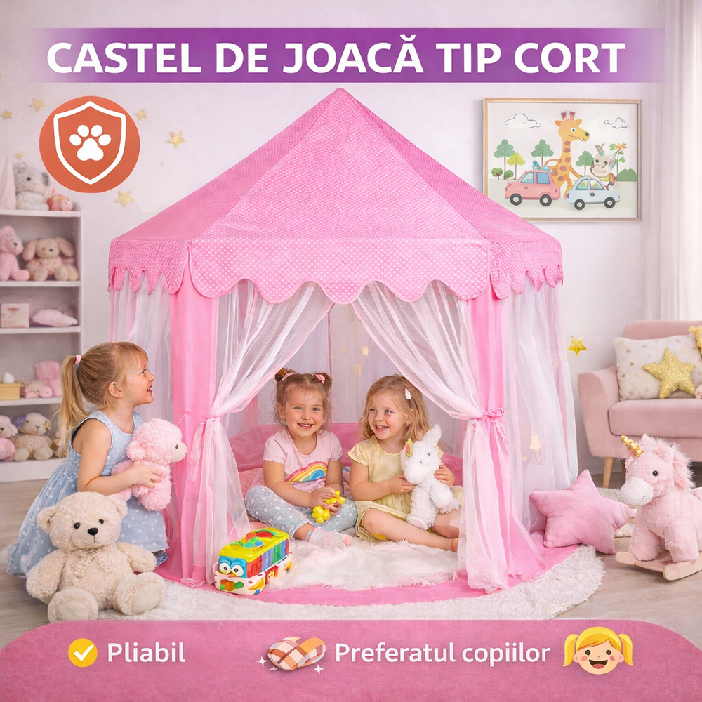 SMARTECH Cort de joaca pentru copii, Castel printese, Pliabil, 6 intrari, 135x140 cm, roz