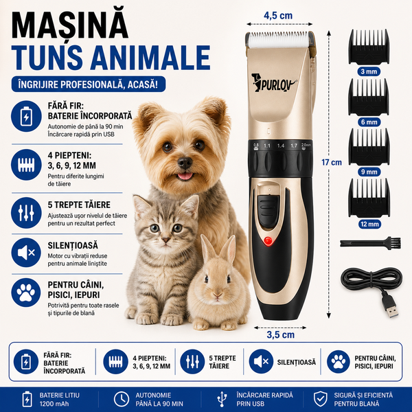 Masina de tuns animale, caini, pisici, 4 Piepteni de Ghidare, Silentios, 5 Trepte Taiere