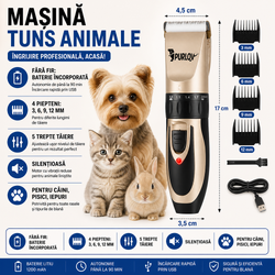 Masina de tuns animale, caini, pisici, 4 Piepteni de Ghidare, Silentios, 5 Trepte Taiere
