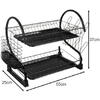 Suport Uscator Vase si Tacamuri Supraetajat, Capacitate 16 Farfurii, 55 x 25 x 37 cm, 2 Tavi de Picurare, Metal si PP, Negru