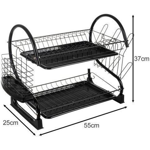 Suport Uscator Vase si Tacamuri Supraetajat, Capacitate 16 Farfurii, 55 x 25 x 37 cm, 2 Tavi de Picurare, Metal si PP, Negru