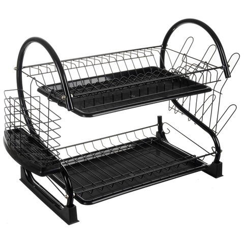 Suport Uscator Vase si Tacamuri Supraetajat, Capacitate 16 Farfurii, 55 x 25 x 37 cm, 2 Tavi de Picurare, Metal si PP, Negru