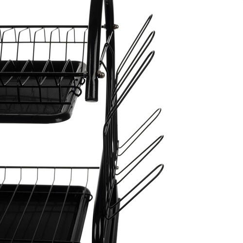 Suport Uscator Vase si Tacamuri Supraetajat, Capacitate 16 Farfurii, 55 x 25 x 37 cm, 2 Tavi de Picurare, Metal si PP, Negru