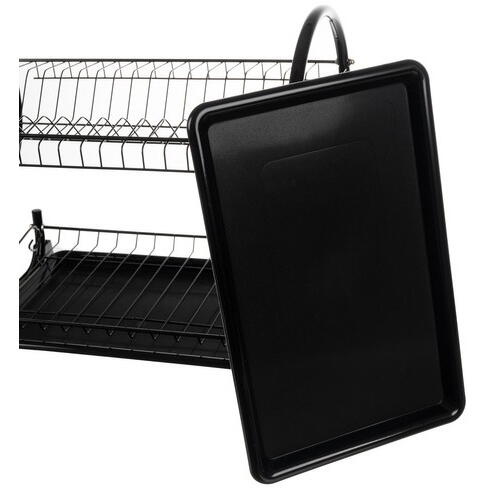 Suport Uscator Vase si Tacamuri Supraetajat, Capacitate 16 Farfurii, 55 x 25 x 37 cm, 2 Tavi de Picurare, Metal si PP, Negru