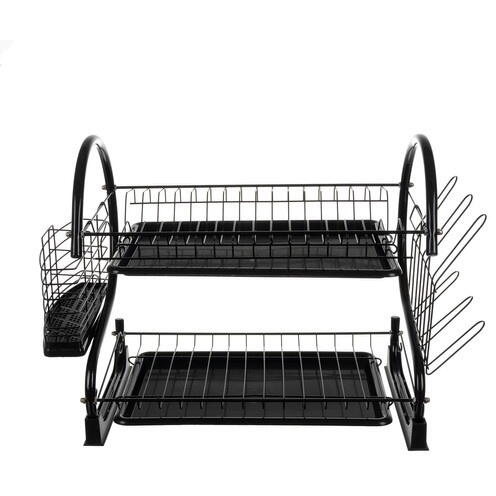 Suport Uscator Vase si Tacamuri Supraetajat, Capacitate 16 Farfurii, 55 x 25 x 37 cm, 2 Tavi de Picurare, Metal si PP, Negru