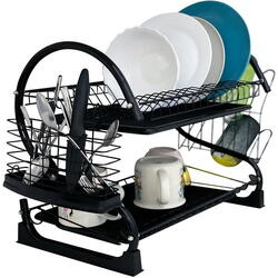 Suport Uscator Vase si Tacamuri Supraetajat, Capacitate 16 Farfurii, 55 x 25 x 37 cm, 2 Tavi de Picurare, Metal si PP, Negru