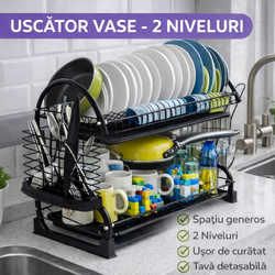 Suport Uscator Vase si Tacamuri Supraetajat, Capacitate 16 Farfurii, 55 x 25 x 37 cm, 2 Tavi de Picurare, Metal si PP, Negru