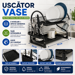 Suport Uscator Vase si Tacamuri Supraetajat, Capacitate 16 Farfurii, 55 x 25 x 37 cm, 2 Tavi de Picurare, Metal si PP, Negru