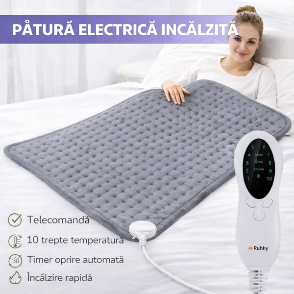 Patura Electrica Incalzita 60 x 30 cm, 10 Trepte de Temperatura 30 - 70 grade, TIMER cu Oprire Automata, Umed - Uscat, Putere 85 W, Ideala pentru, Gat, Picoare, Spate, Umeri, Maini, Articulatii sau alte locuri dureroase