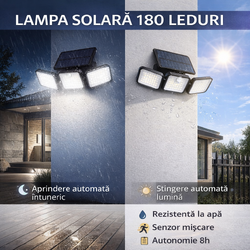 Lampa solara de gradina, curte, casa 180 LED, Impermeabila, Rezistenta Ploaie/Zapada, Senzor de miscare si amurg