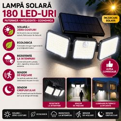Lampa solara de gradina, curte, casa 180 LED, Impermeabila, Rezistenta Ploaie/Zapada, Senzor de miscare si amurg