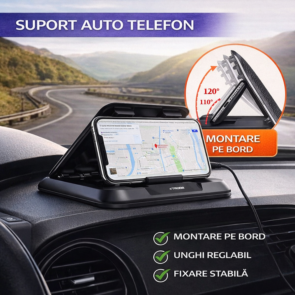 SMARTECH Suport auto pentru telefon cu protectie pentru soare, Montare pe bord, Unghi reglabil, 3-7, ABS+silicon, Utilizabil pe birou si suprafete plane