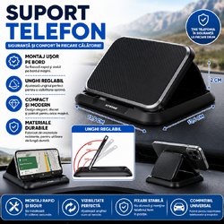 Suport auto pentru telefon cu protectie pentru soare, Montare pe bord, Unghi reglabil, 3-7", ABS+silicon, Utilizabil pe birou si suprafete plane
